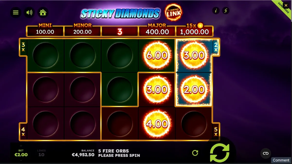 Tampilan visual mesin slot Sticky Diamonds Flaming Link dengan simbol berlian dan kilatan petir.