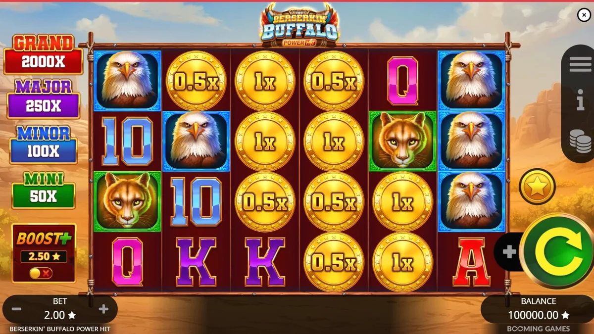Tampilan visual slot Berserkin’ Buffalo Power Hit dengan tema padang gurun dan simbol hewan liar.