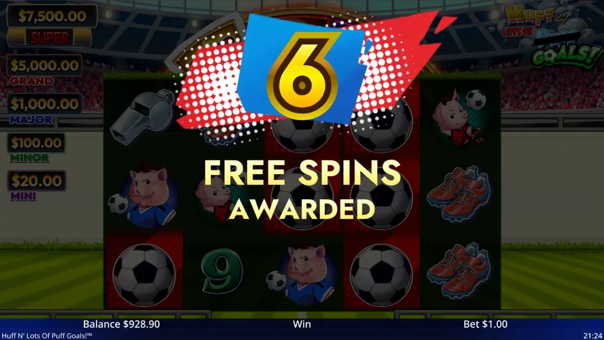 Tampilan visual slot Huff N' Lots of Goals dengan tema sepak bola dan karakter babi.